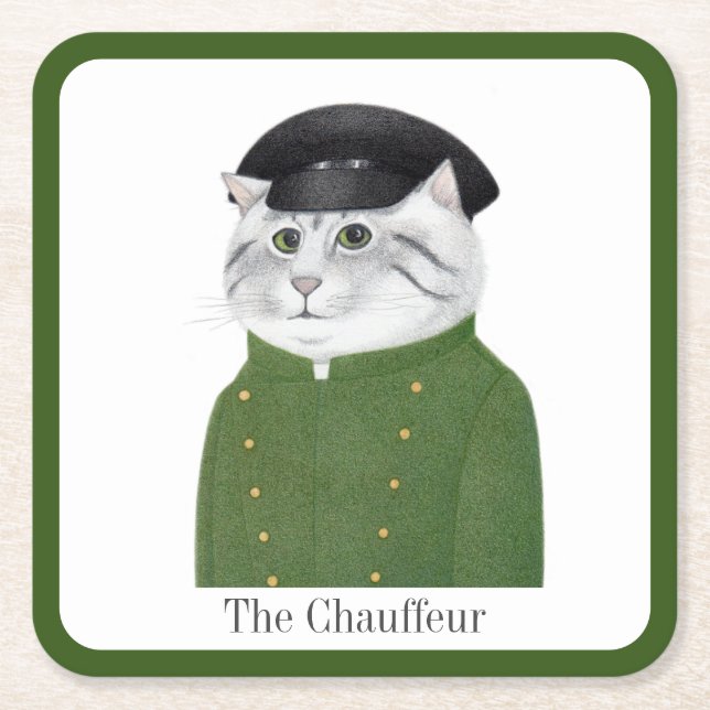 CHAUFFEUR CAT Square Paper Coasters + Text (Front)