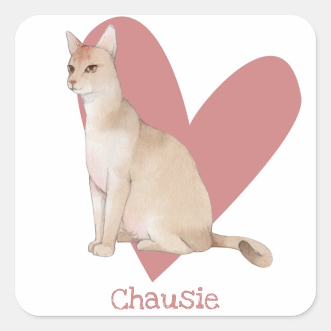 Chausie Cat Watercolor Kitty Pink Heart Square Sticker (Front)