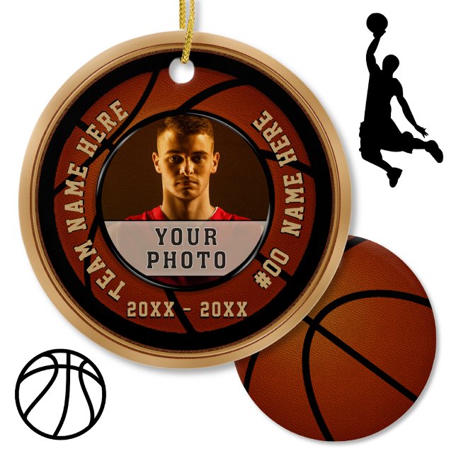 Cheap Basketball Gift Ideas, Your PHOTO and TEXT Ceramic Tree Decoration (Gift ideas for basketball seniors. Basketball Christmas Ornaments. Basketball Team Gift Ideas. )