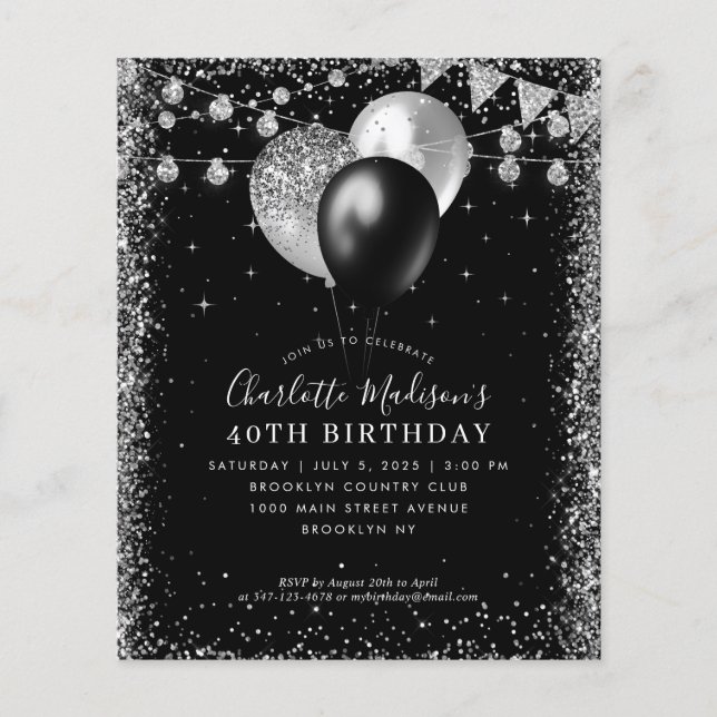 Cheap Black Silver Glitter Balloon Lights Birthday Flyer (Front)