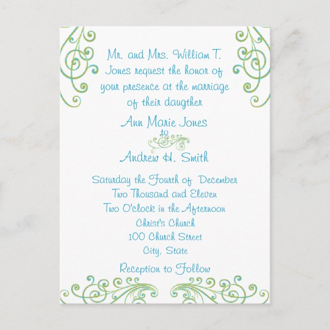 Cheap Blue and Green  Wedding Invitation Postcards (Front)