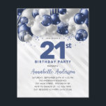 Cheap Blue Silver Balloon Glitter 21st Birthday Flyer<br><div class="desc">Modern Glam Navy Blue Silver Balloon Glitter Sparkle Any Age Birthday Invitation</div>