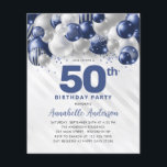 Cheap Blue Silver Balloon Glitter 50th Birthday<br><div class="desc">Modern Glam Navy Blue Silver Balloon Glitter Sparkle Any Age Birthday Invitation</div>