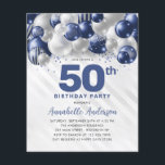 Cheap Blue Silver Balloon Glitter 50th Birthday Flyer<br><div class="desc">Modern Glam Navy Blue Silver Balloon Glitter Sparkle Any Age Birthday Invitation</div>