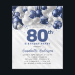Cheap Blue Silver Balloon Glitter 80th Birthday Flyer<br><div class="desc">Modern Glam Navy Blue Silver Balloon Glitter Sparkle Any Age Birthday Invitation</div>