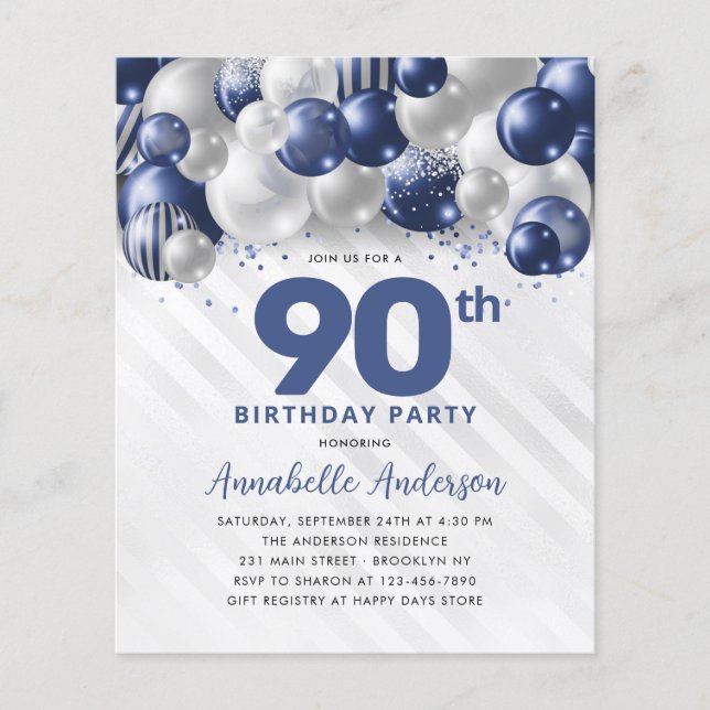 Cheap Blue Silver Balloon Glitter 90th Birthday Flyer (Front)