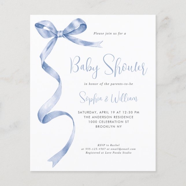 Cheap Blue Watercolor Bow Ribbon Boy Baby Shower Flyer (Front)