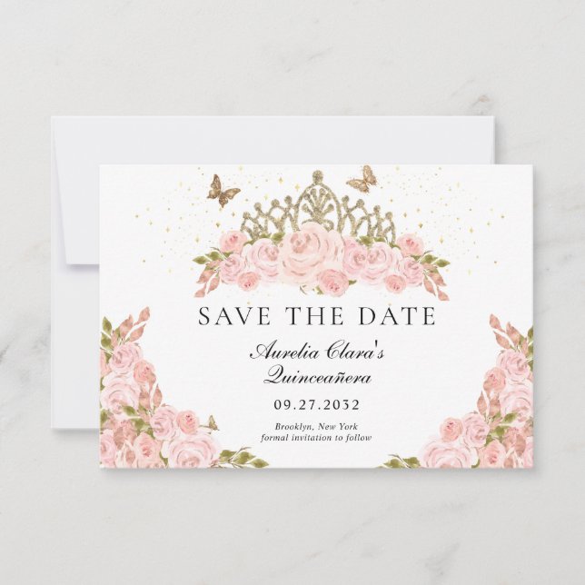 CHEAP Blush Pink Floral Gold Tiara Quinceanera Card (Front)