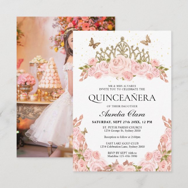Cheap Blush Pink Floral Tiara Photo Quinceanera Card (Front/Back)