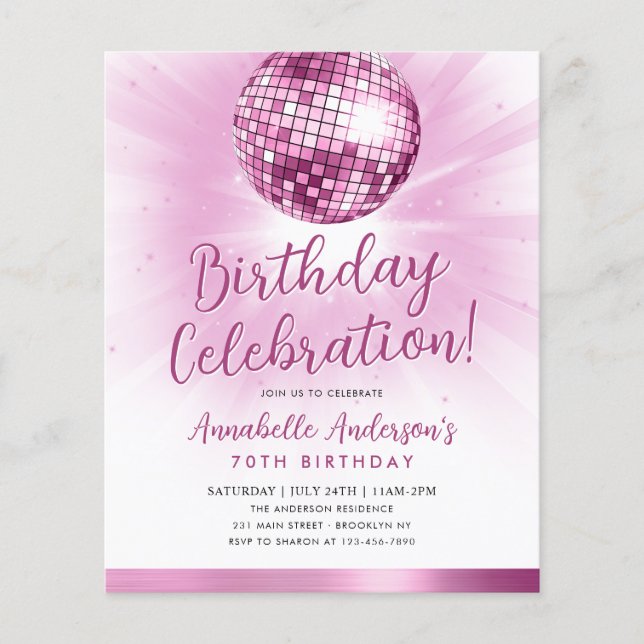 Cheap Blush Pink Glitter 70s Disco Ball Birthday Flyer (Front)