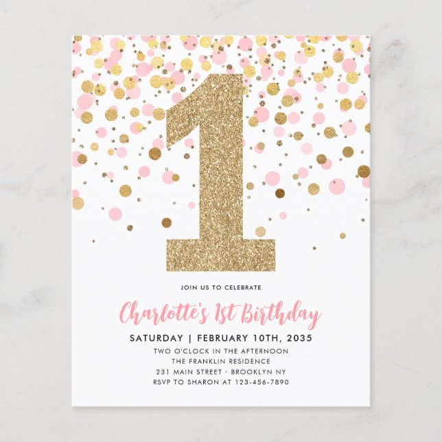 Cheap Blush Pink Gold Confetti Girl 1st Birthday Flyer (Front)