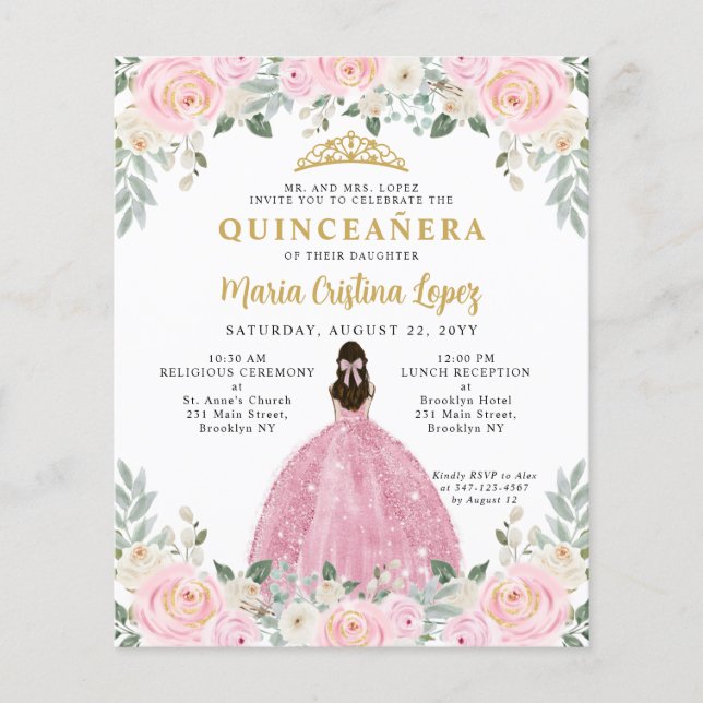 Cheap Blush Pink Gold Floral Princess Quinceañera Flyer (Front)