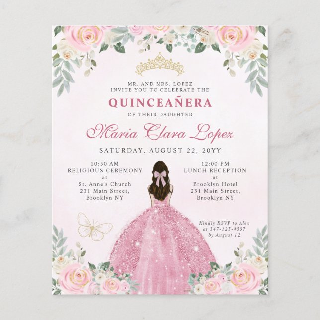Cheap Blush Pink Gold Floral Princess Quinceañera Flyer (Front)