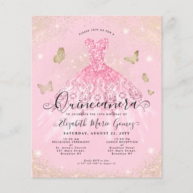 Cheap Blush Pink Gold Gown Quinceanera Invite Flyer (Front)