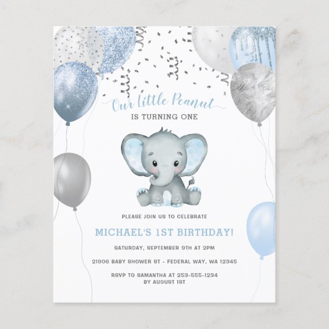 Cheap Boy Elephant Balloons 1st Birthday Flyer (Front)