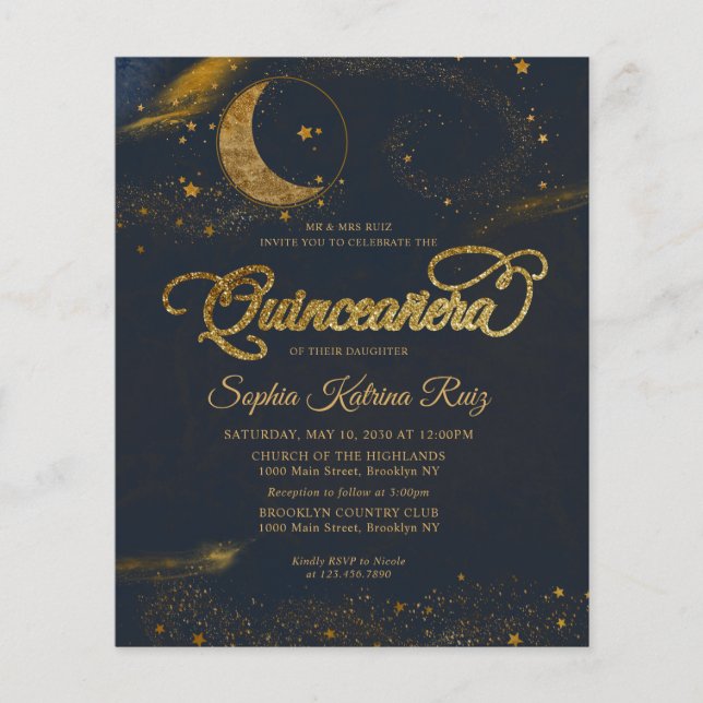 Cheap Celestial Midnight Blue Stars Quinceanera Flyer (Front)