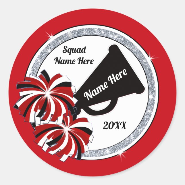 Cheap Cheerleading Stickers, Red, White and Black Classic Round Sticker (Front)