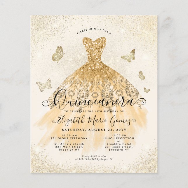 Cheap Classic Light Gold Gown Quinceanera Invite Flyer (Front)