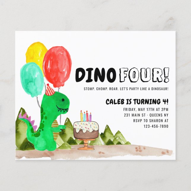 Cheap Dino FOUR Balloon Dinosaur 4th Birthday Flyer (Front)