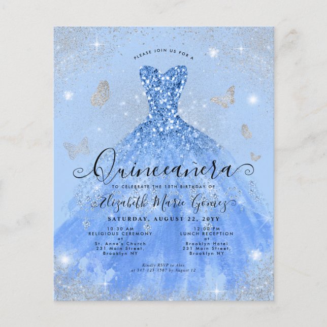 Cheap Dusty Blue Silver Gown Quinceanera Invite Flyer (Front)