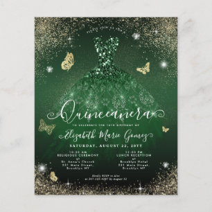 Cheap Emerald Green Gold Gown Quinceanera Card