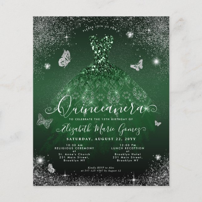 Cheap Emerald Green Silver Gown Photo Quinceanera Flyer (Front)