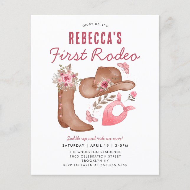 Cheap First Rodeo Blush Pink Cowgirl 1st Birthday Flyer (Front)