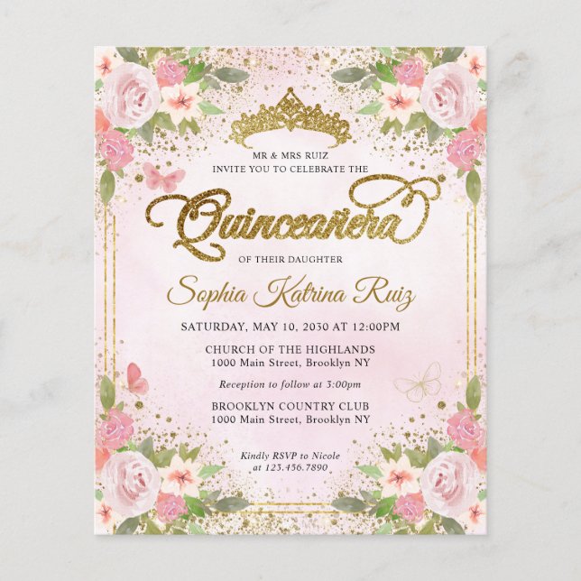 Cheap Floral Blush Pink Gold Tiara Quinceañera Flyer (Front)