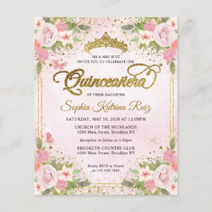 Cheap Floral Blush Pink Gold Tiara Quinceañera Flyer