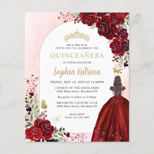 Cheap Floral Burgundy Gold Princess Quinceanera Flyer (Front)