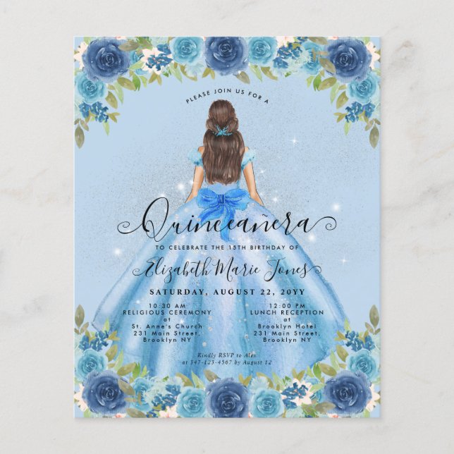 Cheap Floral Dusty Blue Grey Princess Quinceanera Flyer (Front)