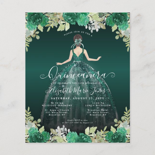 Cheap Floral Green Dress Gown Quinceanera Invite Flyer (Front)