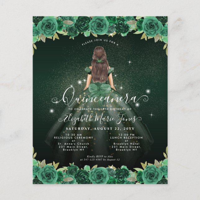 Cheap Floral Green Princess Birthday Quinceanera Flyer (Front)