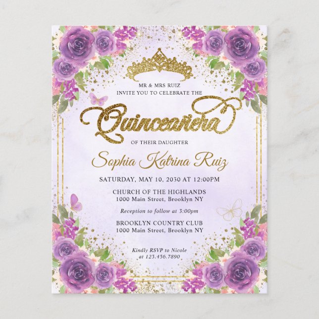 Cheap Floral Light Purple Gold Tiara Quinceañera Flyer (Front)