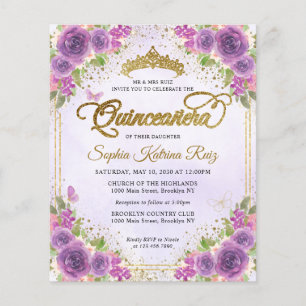 Cheap Floral Light Purple Gold Tiara Quinceañera Flyer
