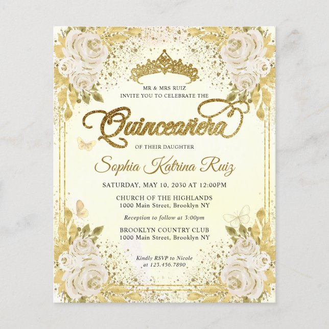 Cheap Floral Light Purple Gold Tiara Quinceañera Flyer (Front)