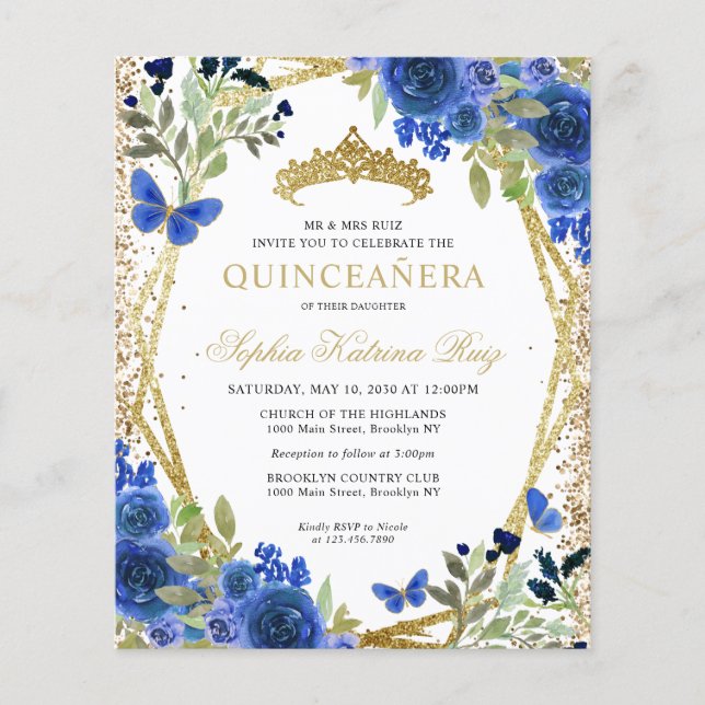 Cheap Floral Navy Blue Gold Quinceañera Invite Flyer (Front)