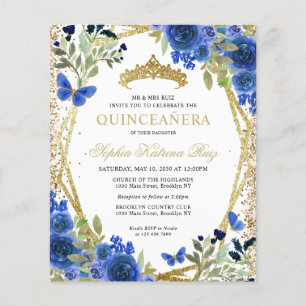 Cheap Floral Navy Blue Gold Quinceañera Invite Flyer