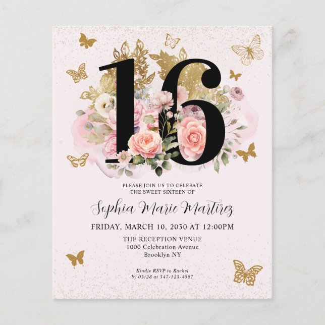Cheap Floral Pink Gold Butterfly Sweet 16 Birthday Flyer (Front)