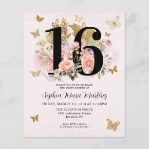 Cheap Floral Pink Gold Butterfly Sweet 16 Birthday Flyer