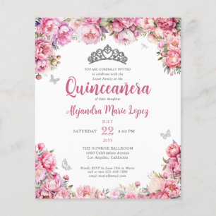 Cheap Floral Pink Silver Glitter Tiara Quinceañera Flyer