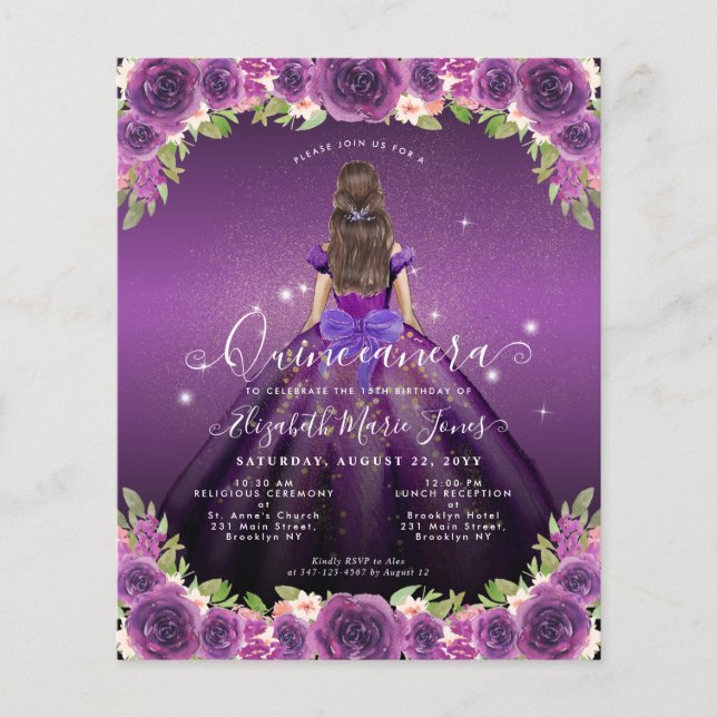 Cheap Floral Purple Gold Princess Quinceanera Flyer (Front)