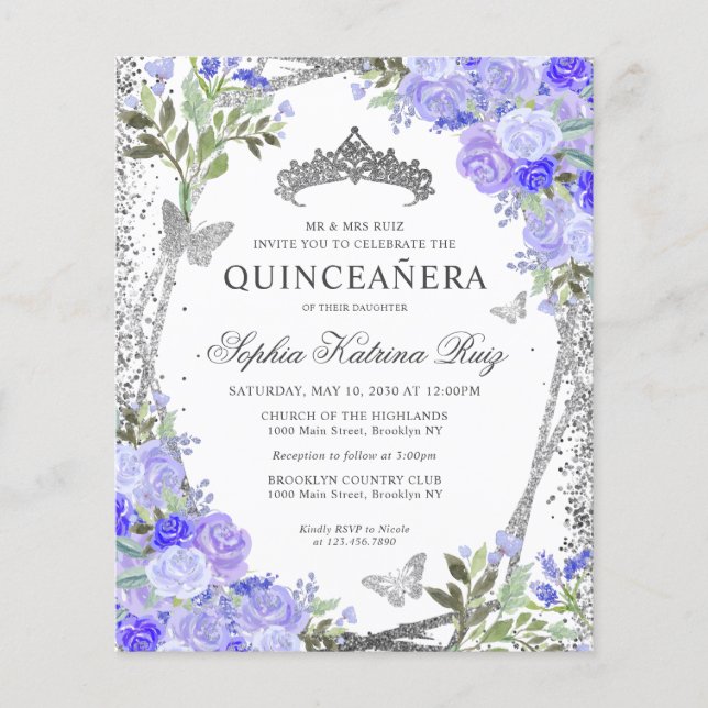 Cheap Floral Purple Silver Quinceañera Invite Flyer (Front)