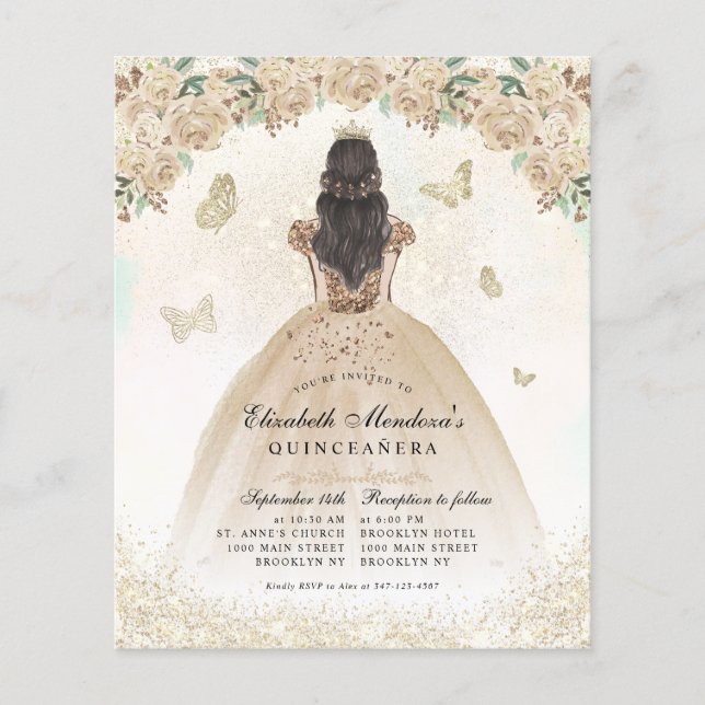 Cheap Gold Glitter Floral Princess Quinceañera Flyer (Front)