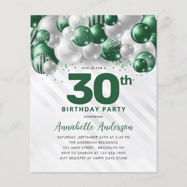Cheap Green Silver Balloon Glitter 30th Birthday Flyer (Front)