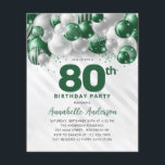 Cheap Green Silver Balloon Glitter 80th Birthday Flyer<br><div class="desc">Modern Glam Emerald Green Silver Balloon Glitter Sparkle Any Age Birthday Invitation</div>