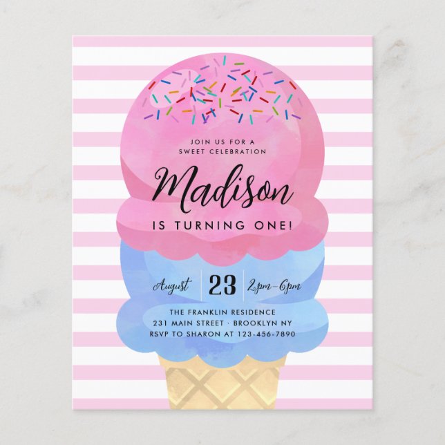 Cheap Ice Cream Cone Blush Pink Blue Kids Birthday Flyer (Front)
