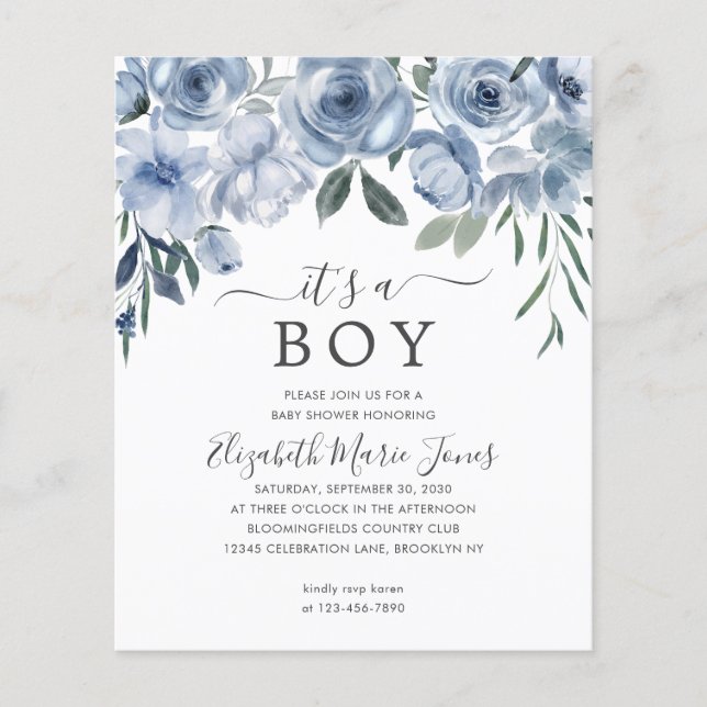 Cheap It's a Boy Dusty Blue Floral Baby Shower Flyer (Front)