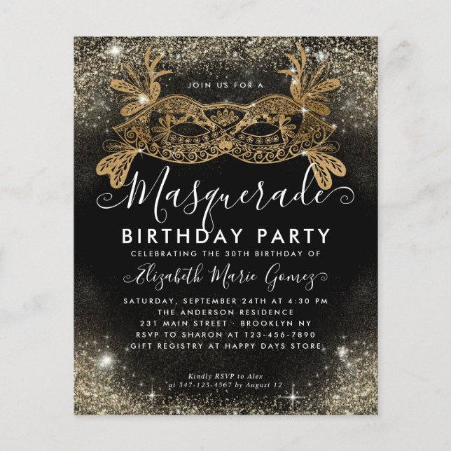 Cheap Masquerade Black Gold Glam Glitter Birthday Flyer (Front)