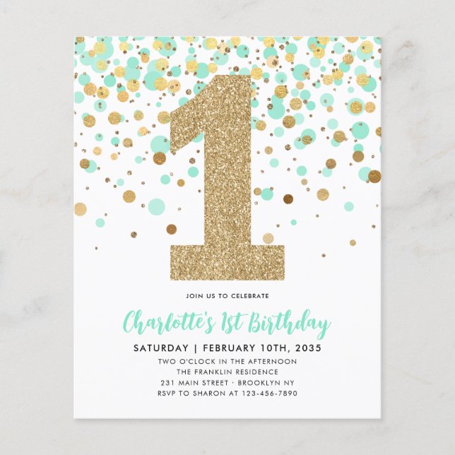 Cheap Mint Green Gold Confetti Girl 1st Birthday Flyer (Front)